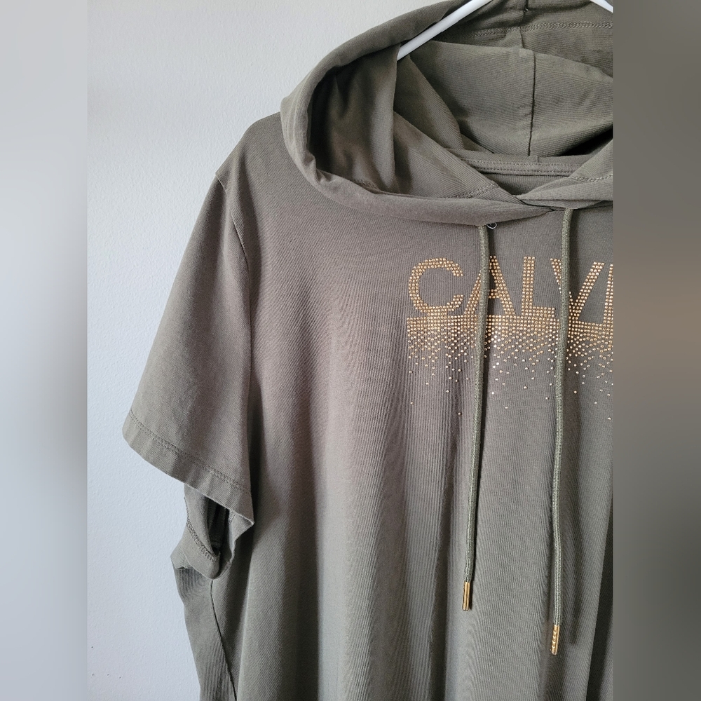 Calvin Klein Khaki/Olive Green Hooded Dress with Gold Logo Stretch Cotton 2X - Picture 4 of 15